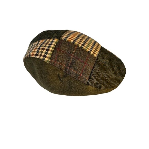 Heritage Traditions Retro Paperboy Cap Wool Patchwork Olive Brown Stretch Band O - Picture 1 of 10